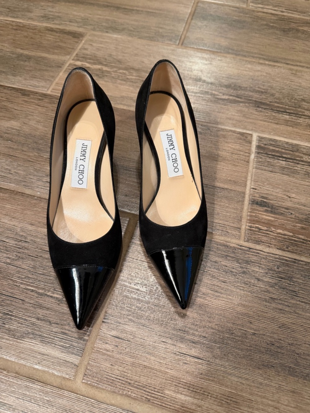 Jimmy Choo Black Suede and Patent Pointed Pumps
